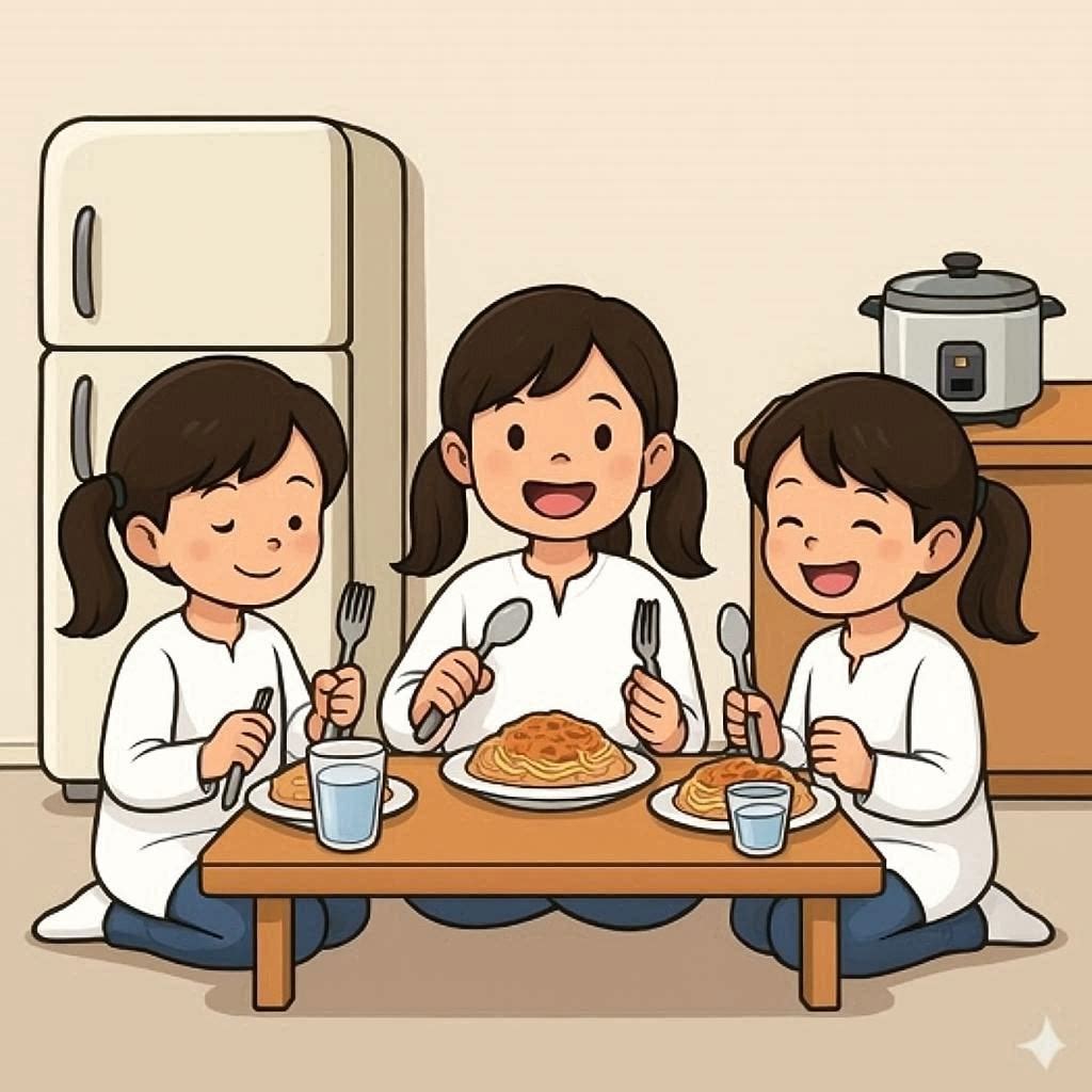 Kanak-kanak makan bersama, suasana ceria di meja
