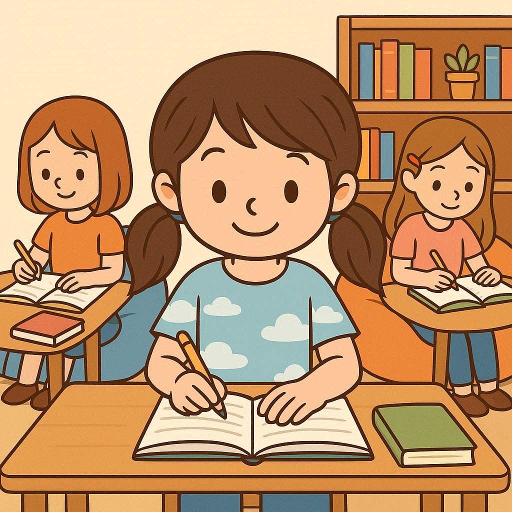 Kanak-kanak belajar, buku terbuka, suasana tenang